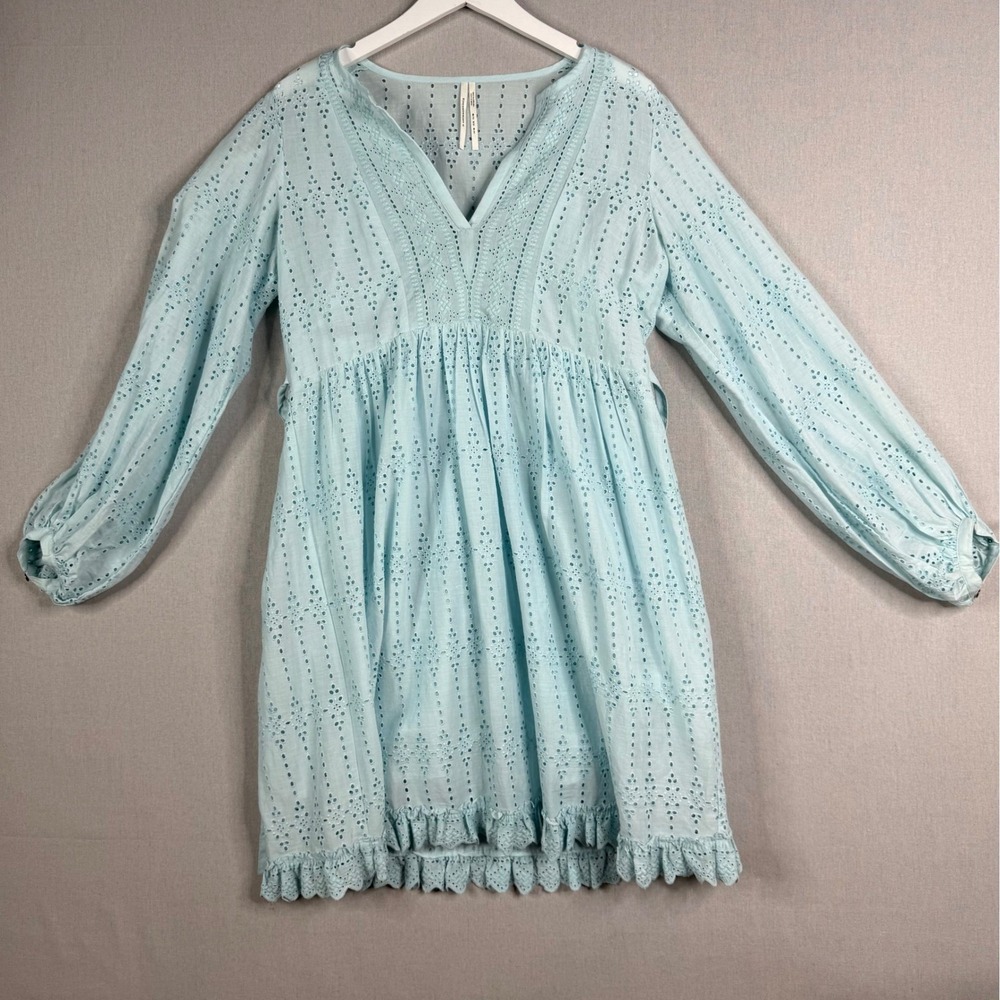 Anthropologie Eyelet Mini Dress Womens Size 6 Light Blue V-Neck Long Sleeve Boho